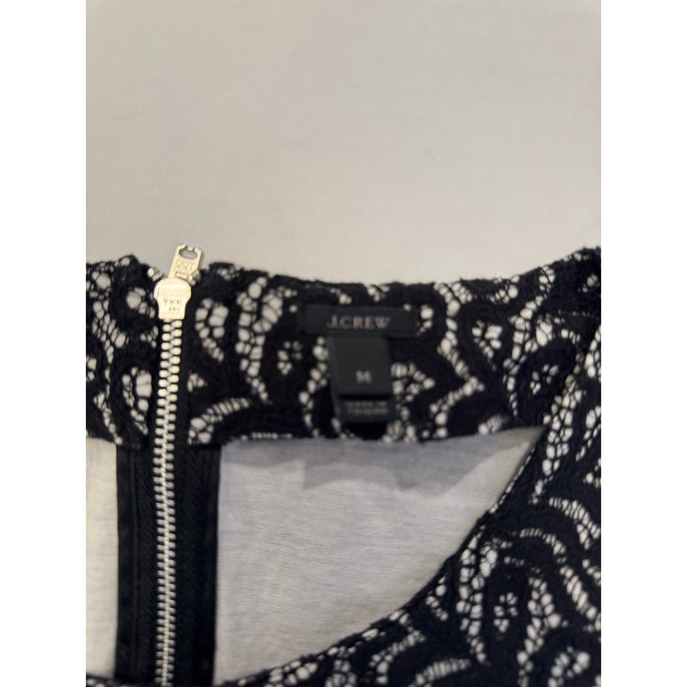 J Crew Size Medium Black & White Lacey Blouse 3/4 Sleeves Waisted Zipper Back - Picture 6 of 11